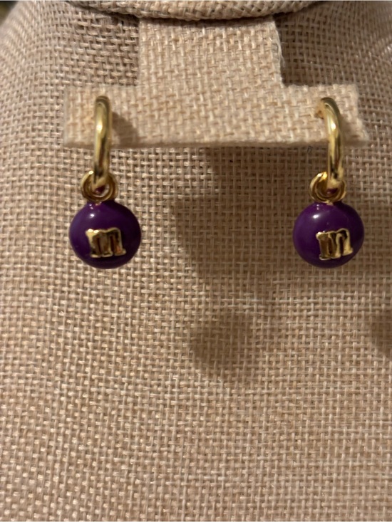 Jewelry - Gold Hoop Earrings with Purple Charm and 'M' Accent